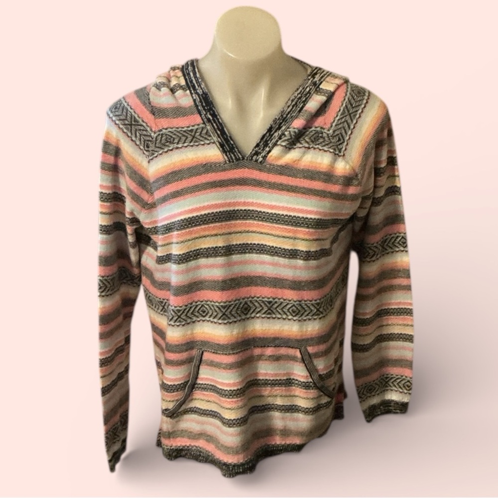LOFT Striped Hooded Pullover in Pink, Cream & Gray